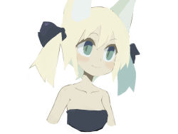 Rule 34 | 1girl, animal ears, bare shoulders, black ribbon, blonde hair, closed mouth, collarbone, commentary request, cropped torso, fox ears, green eyes, hair between eyes, hair ribbon, original, paprika shikiso, ribbon, simple background, smile, solo, twintails, upper body, white background