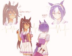 Rule 34 | ..., 2girls, ?, animal ears, black hair, blue eyes, blue hair, bow, bowtie, braid, cesario (umamusume), clothing cutout, crown braid, dark-skinned female, dark skin, earrings, english text, hair between eyes, highres, holding, holding pen, horse ears, horse girl, horse tail, horseshoe ornament, jewelry, long hair, looking at another, mixed-language text, multicolored hair, multiple girls, pen, pikarin 0129, pleated skirt, ponytail, puffy short sleeves, puffy sleeves, purple bow, purple bowtie, purple serafuku, purple shirt, sailor collar, sailor shirt, school uniform, serafuku, shaded face, shirt, short hair, short sleeves, single earring, skirt, split ponytail, suitcase, symboli kris s (umamusume), tail, tail through clothes, thighhighs, tracen school uniform, two-tone hair, umamusume, white hair, white skirt, white thighhighs