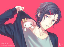 Rule 34 | 10s, 1boy, artist name, blue eyes, blue hair, rabbit, callarinc, clothes pull, collarbone, hairclip, highres, looking at viewer, low ponytail, male focus, mizuno yuu, mole, mole under eye, my melody, parted lips, pink background, ponytail, ribbon, sanrio, sanrio danshi, simple background