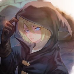 Rule 34 | 1boy, auch (unicorn overlord), bishounen, black robe, blonde hair, blue eyes, brown gloves, closed mouth, commentary request, eyelashes, fantasy, gloves, hair between eyes, highres, hood, hood up, hooded robe, jewelry, looking at viewer, male focus, ring, robe, solo, stone wall, unicorn overlord, upper body, yatyou6666