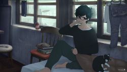 Rule 34 | 10s, 1boy, 5114ave, absurdres, amamiya ren, androgynous, aqua hair, arm behind head, barefoot, black hair, book, book stack, can, cat, chair, chromatic aberration, clothes hanger, clothesline, dated, drink can, glasses, grey eyes, highres, indoors, laundry, long sleeves, male focus, morgana (persona 5), nail, on bed, pants, parted lips, persona, persona 5, pillow, rain, reflection, short hair, sitting, soda can, solo, stool, sweater, sweatpants, undershirt, window, wrench