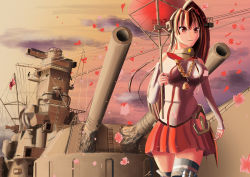 Rule 34 | 10s, 1girl, absurdres, artist request, battleship, breasts, flag, flower, highres, kantai collection, ladder, large breasts, mast, military, military vehicle, petals, ship, skirt, solo, thighhighs, turret, umbrella, warship, watercraft, yamato (kancolle), zettai ryouiki