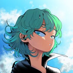 1girl blue_sky clauschristmas cloud green_eyes green_hair highres looking_at_viewer medium_hair one-punch_man portrait profile sky solo tatsumaki