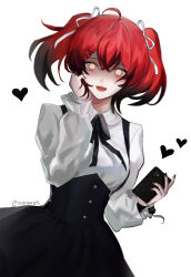 Rule 34 | 1girl, @ @, absurdres, ahoge, black hair, black nails, black ribbon, blush, collared shirt, commentary, crazy eyes, english commentary, genderswap, genderswap (mtf), gradient hair, hair between eyes, heart, highres, holding, holding phone, holostars, holostars english, long hair, looking at viewer, machina x flayon, machiroon (machina x flayon), multicolored hair, open mouth, pale skin, partially shaded face, phone, ribbon, shirt, short twintails, skirt, solo, suspender skirt, suspenders, teeth, twintails, twitter logo, upper body, virtual youtuber, white background, white ribbon, xerionelos, yandere, yellow eyes