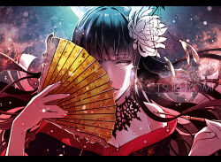 Rule 34 | 1girl, abstract background, bare shoulders, black collar, black hair, black kimono, blunt bangs, blunt ends, collar, commentary, epiphyllum, final fantasy, final fantasy xiv, floating hair, flower, folding fan, full moon, glowing, hair flower, hair ornament, hand fan, highres, holding, holding fan, holding smoking pipe, hyur, japanese clothes, kimono, kiseru, lace collar, letterboxed, long hair, looking at viewer, mole, mole under mouth, moon, off shoulder, one eye covered, parted lips, portrait, red trim, smoking pipe, solo, straight-on, white eyes, white flower, yataki, yotsuyu goe brutus