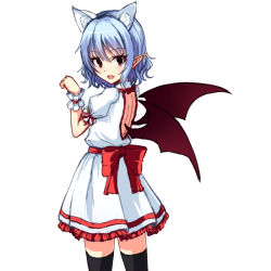 Rule 34 | 1girl, :d, animal ears, back cutout, bat ears, bat wings, belt, black thighhighs, blue hair, blush, bow, cat ears, clothing cutout, cowboy shot, dress, eyebrows, fang, from behind, junior27016, kemonomimi mode, open mouth, paw pose, pointy ears, puffy short sleeves, puffy sleeves, red bow, red eyes, red ribbon, remilia scarlet, ribbon, short hair, short sleeves, simple background, smile, solo, standing, thighhighs, tooth, touhou, tsurime, vampire, wavy hair, white background, white dress, wings, wrist cuffs, zettai ryouiki