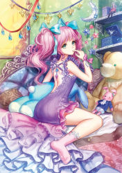 Rule 34 | 1girl, bed, blue bow, bow, crescent, doll, finger to mouth, full body, green eyes, hair bow, head tilt, kankito, lingerie, music box, negligee, on bed, original, ornament, pink hair, pink socks, shelf, sitting, socks, solo, sparkle, star (symbol), stuffed animal, stuffed rabbit, stuffed toy, teddy bear, twintails, underwear