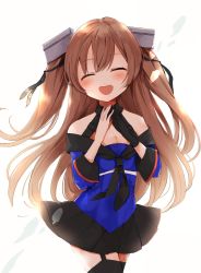 Rule 34 | 1girl, black gloves, black skirt, black thighhighs, blue shirt, breasts, cleavage, cowboy shot, closed eyes, garter straps, gloves, highres, johnston (kancolle), kantai collection, light brown hair, long hair, medium breasts, off shoulder, open mouth, pleated skirt, sailor collar, school uniform, serafuku, shirt, simple background, single glove, skirt, smile, solo, standing, teeth, thighhighs, twintails, two side up, upper teeth only, white background, yuuki susumu