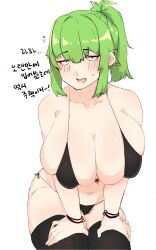 Rule 34 | 1girl, belly, bikini, black bikini, black thighhighs, bracelet, breasts, cleavage, collarbone, gimmogu, green hair, hands on own thighs, hands on thighs, highres, huge breasts, jewelry, leaning forward, midriff, navel, open mouth, original, ponytail, simple background, skindentation, stomach, swimsuit, thighhighs, white background