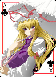 Rule 34 | 1girl, ace (playing card), ace of clubs, blonde hair, blush, breasts, card, club (shape), female focus, gap (touhou), large breasts, playing card, purple eyes, smile, solo, toron (mino106), touhou, umbrella, yakumo yukari