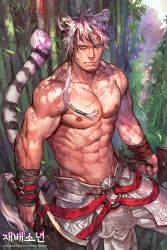 Rule 34 | 1boy, abs, against tree, animal ears, bamboo, bamboo forest, bara, black hair, character request, check copyright, copyright request, cowboy shot, facial hair, forest, frown, goatee, highres, large pectorals, long sideburns, looking at viewer, male focus, mature male, multicolored hair, muscular, muscular male, nature, navel, nipples, official art, pectorals, pelvic curtain, short hair, side ponytail, sideburns, sideburns stubble, solo, stomach, streaked hair, stubble, sunlight, tail, tail raised, tekken, tiger boy, tiger ears, tiger tail, topless male, tree, tree shade, white hair, yi lee