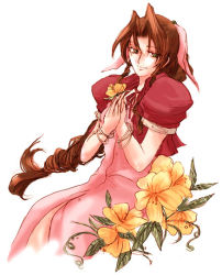 Rule 34 | 1990s (style), 1girl, aerith gainsborough, bracelet, brown hair, dress, female focus, final fantasy, final fantasy vii, flower, green eyes, jacket, jewelry, long hair, nisoniso, pink ribbon, ponytail, retro artstyle, ribbon, solo, square enix, white background
