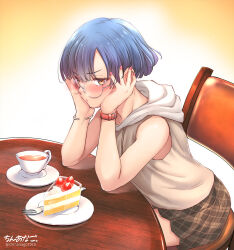 Rule 34 | 1boy, bare arms, blue hair, blush, blush stickers, bracelet, brown eyes, brown skirt, cake, cake slice, chinanago, chinanago7010, commentary request, cup, elbows on table, embarrassed, food, glasses, hands on own cheeks, hands on own face, highres, hood, hoodie, jewelry, male focus, miniskirt, on chair, original, plaid, plaid skirt, pleated skirt, short hair, sitting, skirt, sleeveless, sleeveless hoodie, solo, teacup, trap, watch, white hoodie, wristwatch