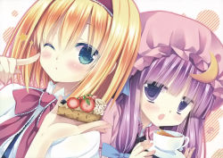 Rule 34 | 2girls, :o, ;), alice margatroid, blonde hair, blue eyes, blush, bow, cake, cake slice, capelet, crescent, female focus, food, hair bow, hairband, hat, highres, holding, long hair, looking at viewer, miyasu risa, multiple girls, natsume eri, non-web source, one eye closed, outline, patchouli knowledge, purple eyes, purple hair, saucer, scan, short hair, smile, star (symbol), touhou, white background, wink