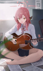 1girl absurdres aru_(blue_archive) blue_archive blue_skirt demon_girl demon_horns guitar hair_between_eyes highres holding holding_guitar holding_instrument horns indian_style instrument jianjia long_hair looking_at_viewer music on_floor open_mouth playing_instrument red_hair red_ribbon ribbon shirt sidelocks sitting skirt white_shirt yellow_eyes