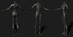 Rule 34 | 3d, absurdres, ass, autodesk 3ds max (medium), breasts, commentary, concept art, drifters (eve online), eve online, greyscale, highres, maya (medium), medium breasts, monochrome, multiple views, no humans, official art, pilot suit, science fiction, shadow, simple background, standing, undoz, zbrush (medium)