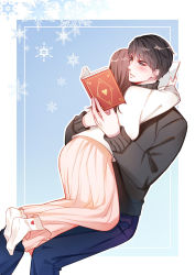 Rule 34 | 1boy, 1girl, black hair, black sweater, blue background, blue pants, blush, book, brown hair, gradient background, hetero, highres, holding, holding book, hug, long sleeves, love and producer, open book, pants, pink skirt, rong nage rong, shirt, sitting, skirt, snowflakes, sweater, white legwear, white shirt, white sweater