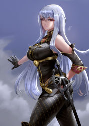 Rule 34 | 1girl, absurdres, bare shoulders, black gloves, black legwear, breasts, bunnyfreakz, closed mouth, gloves, hair between eyes, hand on own hip, highres, large breasts, long hair, looking at viewer, military, military uniform, pink lips, red eyes, selvaria bles, senjou no valkyria, senjou no valkyria (series), senjou no valkyria 1, sheath, sheathed, silver hair, skirt, standing, sword, underbust, uniform, weapon
