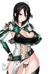 1girl absurdres belt black_hair black_legwear black_panties blush breast_hold breasts cleavage cleft_of_venus covered_erect_nipples female_focus g-string gloves highres kurotama large_breasts nipples panties puffy_nipples shin_sangoku_musou shiny_skin short_hair thong underwear xing_cai_(shin_sangoku_musou)