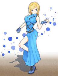 Rule 34 | 1girl, ankle boots, bare shoulders, belt, black belt, blonde hair, blue dress, blue eyes, blue footwear, blue gloves, boots, breasts, commentary request, dress, fingerless gloves, full body, gloves, hand up, large breasts, light blush, looking at viewer, medium hair, parted lips, saflee opendays, shadow, shin (highest1192), sleeveless, sleeveless dress, solo, standing, standing on one leg, toaru majutsu no index, toaru majutsu no index: new testament, v-shaped eyebrows