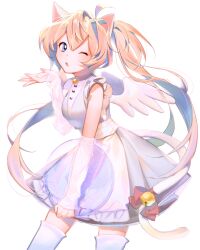 Rule 34 | 1girl, ahoge, animal ears, apron, bell, blonde hair, blue eyes, bow, cat ears, cat girl, cat tail, choker, commentary, dress, elbow gloves, feathered wings, gloves, highres, holding, holding tray, long hair, looking to the side, nannaspad, neck bell, one eye closed, open mouth, original, see-through gloves, short sleeves, solo, symbol-only commentary, tail, tail bell, tail bow, tail ornament, thighhighs, tray, twintails, very long hair, waist apron, wings