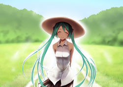 Rule 34 | 1girl, aqua hair, arms behind back, bare shoulders, blurry, closed eyes, hat, hatsune miku, hide e, imada hidehito, long hair, nature, skirt, smile, solo, twintails, very long hair, vocaloid