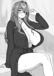 Rule 34 | 1girl, blush, breasts, brown haired glasses elf (houtengeki), cleavage, collarbone, elf, glasses, greyscale, highres, houtengeki, japanese clothes, kimono, large breasts, long hair, long sleeves, looking at viewer, mature female, monochrome, pointy ears, solo, sweat, thighs, yukata