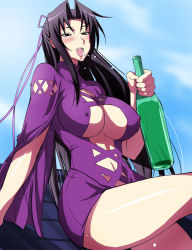 Rule 34 | 1girl, alcohol, arm support, black eyes, black hair, blush, bottle, breasts, center opening, cloud, day, dress, drunk, covered erect nipples, fura, hair ribbon, highres, kazehana, large breasts, leg up, legs, lipstick, long hair, makeup, mature female, no bra, open mouth, outdoors, ribbon, rooftop, saliva, sekirei, short dress, sitting, sky, solo, thighs, turtleneck, underboob, very long hair, wine