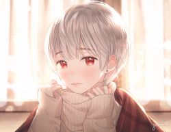 Rule 34 | 1girl, backlighting, bad id, bad pixiv id, blunt bangs, blurry, blush, brown sweater, closed mouth, curtains, depth of field, earrings, eyebrows, gomzi, indoors, jewelry, long sleeves, looking at viewer, original, red eyes, shawl, short hair, signature, silver hair, sleeves past wrists, solo, stud earrings, sweater, turtleneck, turtleneck sweater, upper body