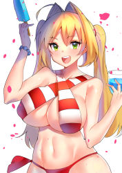 Rule 34 | 10s, 1girl, ahoge, bad id, bad pixiv id, bare shoulders, bead bracelet, beads, bikini, blonde hair, blush, bracelet, breasts, cleavage, collarbone, criss-cross halter, cup, drinking glass, fate/extra, fate/grand order, fate (series), food, funaya (a2brasd), green eyes, hair between eyes, hair intakes, halterneck, highres, hip focus, jewelry, large breasts, long hair, looking at viewer, navel, nero claudius (fate), nero claudius (fate) (all), nero claudius (swimsuit caster) (fate), open mouth, popsicle, red bikini, side-tie bikini bottom, simple background, smile, solo, striped bikini, striped clothes, swimsuit, twintails, white background