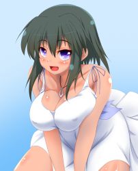 Rule 34 | 10s, 1girl, :d, bare arms, bare shoulders, between legs, blue background, body blush, breasts squeezed together, breasts, cleavage, collarbone, dark skin, dark-skinned female, dress, covered erect nipples, green hair, hair between eyes, hand between legs, highres, idolmaster, idolmaster cinderella girls, jewelry, large breasts, leaning forward, legs apart, looking at viewer, natalia (idolmaster), necklace, no bra, open mouth, parmiria, pendant, purple eyes, purple ribbon, ribbon, short hair, short hair with long locks, simple background, sleeveless, sleeveless dress, smile, solo, sundress, tsurime, white dress