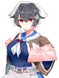 Rule 34 | 1girl, apron, bandana, bento, black hair, blue sailor collar, breasts, brown shawl, folte, hair between eyes, hair flaps, hair ornament, hair ribbon, holding, jingei (kancolle), kantai collection, large breasts, neckerchief, red eyes, ribbon, sailor collar, shawl, simple background, smile, solo, upper body, waist apron, white background, white neckerchief