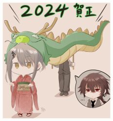 Rule 34 | ..., 1boy, 1girl, 2024, black footwear, black necktie, black pants, brown hair, chibi, claw pose, closed mouth, commentary request, dragon, dragon dance, dress shirt, earrings, eastern dragon, expressionless, fujino shiroha, furisode, grey background, grey hair, grey vest, hair between eyes, japanese clothes, jewelry, jitome, kimono, kyokotsu (nue no onmyouji), low ponytail, maikeru1003, motion lines, multiple hairpins, necktie, new year, no mouth, nue no onmyouji, pants, parted bangs, pigeon-toed, red eyes, red kimono, sandals, shadow, shirt, sidelocks, translation request, unamused, vest, white shirt, yellow eyes, zooming in, zouri