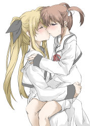 Rule 34 | 2girls, black ribbon, blonde hair, blush, brown hair, couple, elf (stroll in the woods), closed eyes, fate testarossa, hair ribbon, highres, kiss, looking at another, lyrical nanoha, mahou shoujo lyrical nanoha, mahou shoujo lyrical nanoha a&#039;s, multiple girls, neck ribbon, purple eyes, red ribbon, ribbon, school uniform, seishou elementary school uniform, short twintails, simple background, sitting, sitting on lap, sitting on person, takamachi nanoha, twintails, uniform, white background, white ribbon, yuri