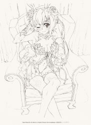 Rule 34 | 1girl, aged up, akatsuki kirika, ale (ale halexxx), animal ears, bad id, bad pixiv id, blush, breasts, bridal veil, chair, cleavage, collarbone, commentary, copyright name, covered navel, crossed legs, dress, english commentary, english text, fake animal ears, flower, from above, garter straps, greyscale, groin, hair flower, hair ornament, hair ribbon, large breasts, looking at viewer, monochrome, one eye closed, rabbit ears, ribbon, rose, senki zesshou symphogear, short hair, sitting, sketch, smile, solo, thighhighs, veil, wedding dress, x hair ornament