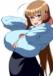 Rule 34 | 1girl, ahoge, arms up, belly, blue eyes, breasts, brown hair, bursting breasts, cleavage, cleavage cutout, clothing cutout, commentary request, earrings, eyebrows, hip focus, huge breasts, jewelry, komusou (jinrikisha), long hair, looking at viewer, ooba minori, original, plump, shirt, simple background, smile, solo, straining buttons, stud earrings, thighs, white background