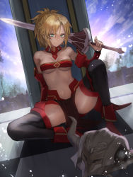 Rule 34 | 1girl, absurdres, aito, black thighhighs, blonde hair, boots, braid, breasts, clarent (fate), commentary request, detached sleeves, fate/grand order, fate (series), green eyes, unworn headwear, helmet, unworn helmet, highres, holding, holding sword, holding weapon, long hair, looking at viewer, medium breasts, mordred (fate), mordred (fate/apocrypha), navel, ponytail, red footwear, red sleeves, red thighhighs, sitting, smile, solo, spread legs, sword, thighhighs, weapon