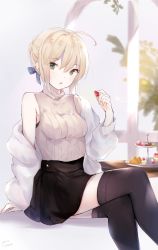 Rule 34 | 1girl, ahoge, alternate costume, arm support, artoria pendragon (all), artoria pendragon (fate), bare shoulders, beige sweater, black skirt, black thighhighs, blonde hair, blue ribbon, blush, braid, breasts, commentary request, crossed legs, fate/stay night, fate (series), feet out of frame, food, fruit, green eyes, hair ribbon, highres, holding, holding food, holding fruit, jacket, long sleeves, looking at viewer, medium breasts, off shoulder, open clothes, open mouth, ribbed sweater, ribbon, saber (fate), sai (saipoko), short hair, sitting, skirt, sleeveless, solo, strawberry, sweater, sweater tucked in, thighhighs, white jacket, zettai ryouiki