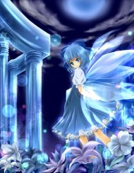 Rule 34 | 1girl, arms behind back, blue eyes, blue hair, blue moon, blue theme, bow, cirno, dress, female focus, flower, hair bow, highres, ice, matching hair/eyes, moon, nature, outdoors, pillar, plant, rikkunia, sky, smile, solo, touhou, wings