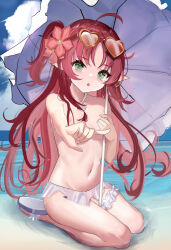 Rule 34 | 1girl, absurdres, ahoge, arknights, beach, beach umbrella, bikini, blush, breasts, earrings, flower, frilled bikini, frills, green eyes, hair flower, hair ornament, heart, heart-shaped eyewear, highres, jewelry, looking at viewer, mikuning, myrtle (arknights), navel, open mouth, pointy ears, red hair, sandals, side ponytail, sitting, small breasts, solo, sunglasses, swimsuit, thigh strap, umbrella, white bikini, white footwear