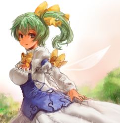 Rule 34 | 1girl, adapted costume, alternate costume, bow, bowtie, breasts, daiyousei, dress, fairy wings, female focus, green hair, large breasts, profile, sachito, side ponytail, solo, touhou, wings