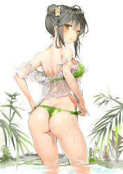 Rule 34 | 1girl, absurdres, adjusting clothes, adjusting panties, ass, back, blouse, borrowed character, bra, breasts, brown hair, butt crack, camouflage, camouflage bra, camouflage panties, commentary request, derivative work, flower, from behind, green bra, green panties, hair bun, hair flower, hair ornament, highres, light frown, looking at viewer, looking back, medium breasts, off-shoulder shirt, off shoulder, open mouth, original, outdoors, panties, plant, reflection, see-through, shirt, short hair, side-tie panties, single hair bun, solo, splendour, standing, thighs, thong, underwear, wading, water, wet, white background, yellow eyes
