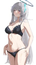 Rule 34 | 1girl, :q, absurdres, arm at side, black bra, black panties, blue archive, blunt bangs, blush, bra, breasts, cameltoe, cleavage, closed mouth, collarbone, commentary, cowboy shot, dubeaduver, grey hair, halo, hand on own hip, headphones, highres, large breasts, legs together, long hair, looking at viewer, mechanical halo, navel, noa (blue archive), panties, purple eyes, sidelocks, signature, simple background, smile, solo, stomach, straight hair, thighs, tongue, tongue out, twitter username, underwear, very long hair, white background