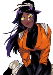 Rule 34 | 1girl, bleach, blush, breasts, carota327, dark-skinned female, dark skin, highres, large breasts, licking lips, long hair, looking at viewer, ponytail, purple hair, shihouin yoruichi, solo, tongue, tongue out, yellow eyes