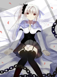 Rule 34 | 1girl, :o, absurdres, bad id, bad pixiv id, black thighhighs, cape, chain, clothes lift, frey (machine-doll), from above, garter straps, grey hair, highres, layered sleeves, long hair, long sleeves, looking at viewer, lying, machine-doll wa kizutsukanai, on back, panties, pantyshot, parted lips, petals, puffy short sleeves, puffy sleeves, red eyes, rose petals, senya fuurin, shade, short sleeves, side ponytail, skirt, skirt lift, solo, sunlight, thighhighs, underbust, underwear, upskirt, white panties