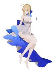 Rule 34 | 1girl, absurdres, ahoge, alternate costume, artoria pendragon (all), artoria pendragon (fate), bad id, bad twitter id, bare arms, bare legs, bare shoulders, barefoot, blonde hair, braid, braided bun, breasts, choker, closed mouth, commentary, dress, fate/stay night, fate (series), full body, green eyes, hair between eyes, hair bun, hair ribbon, hand on own thigh, highres, light smile, long hair, looking to the side, medium breasts, ribbon, saber (fate), seizou hidzuke, short hair, sidelocks, single hair bun, solo, symbol-only commentary, white background, white choker, white dress