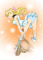Rule 34 | 1girl, ahoge, ass, bent over, blonde hair, breasts, drill hair, drill sidelocks, fiona frost, full body, hair over one eye, holding tennis racket, long bangs, looking at viewer, medium breasts, onnaski, orange background, panties, pleated skirt, puffy lips, racket, shirt, shoes, sidelocks, skirt, sleeveless, sleeveless shirt, sneakers, socks, solo, sportswear, spy x family, striped clothes, striped panties, tennis racket, tennis uniform, underwear, upskirt, white footwear, white shirt, white skirt, white socks, wristband, yellow eyes