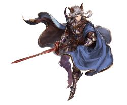 Rule 34 | 10s, 1boy, animal ears, armor, belt, brown eyes, cape, cat boy, cat ears, chain, circlet, closed mouth, erune, full body, granblue fantasy, hair tubes, holding, holding sword, holding weapon, long hair, male focus, minaba hideo, official art, seruel, silver hair, solo, spikes, sword, transparent background, weapon