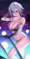 Rule 34 | 1girl, arlecchino (genshin impact), arm up, bikini, black bikini, black eyes, black hair, breasts, cleavage, closed mouth, collarbone, genshin impact, gradient skin, grey hair, highres, jewelry, large breasts, looking at viewer, multicolored hair, multiple rings, navel, night, night sky, outdoors, pantheon eve, pool, pool ladder, ring, short hair, single bare shoulder, skindentation, sky, solo, star (sky), stomach, swimsuit, symbol-shaped pupils, thighs, two-tone hair, water, wet, x-shaped pupils