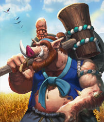 Rule 34 | 1boy, artist request, bandages, beard, bird, brown hair, card (medium), chaos online, cloud, day, facial hair, hammer, male focus, navel, official art, outdoors, pointy ears, red eyes, sky, solo, tubalkein, tusks, warthog